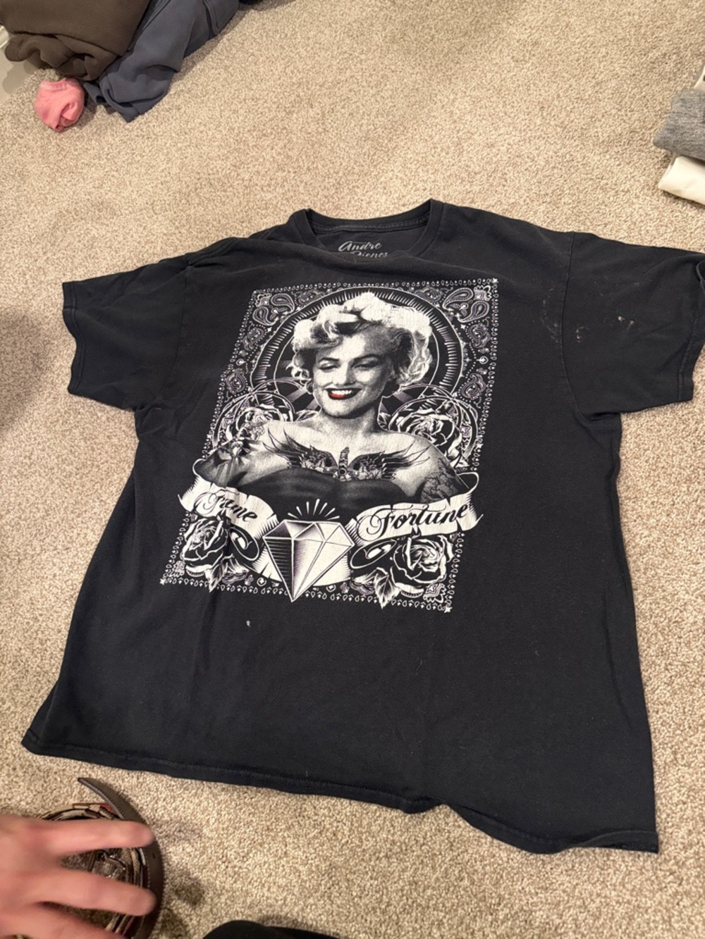 Black Graphic Tee with Vintage Portrait and Diamond Motif
